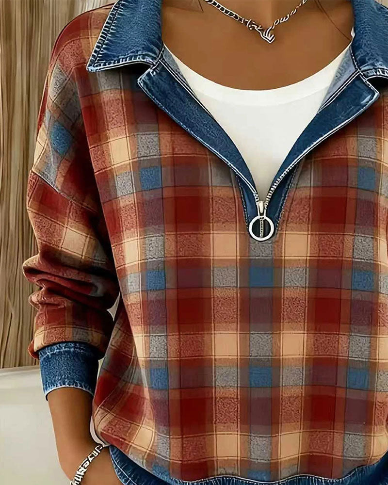 Damebluse med ternet denimkant og lynlås