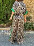 Women's Leopard Print Wide Leg Co-Ord Set with Contrast Trim Details