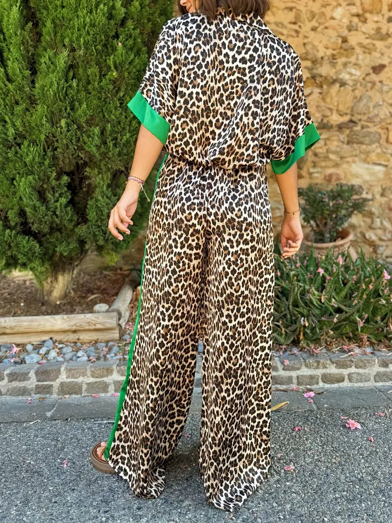 Women's Leopard Print Wide Leg Co-Ord Set with Contrast Trim Details