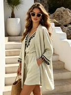 Women's Three-Piece Linen Blend Set with Tassel Trim and Relaxed Fit
