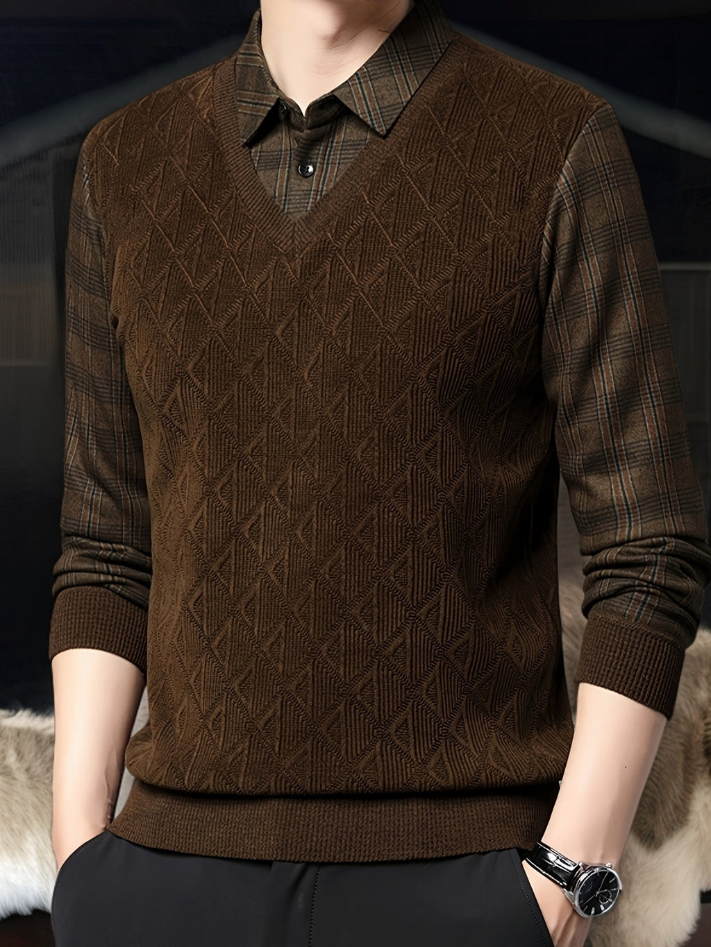 Men’s Layered Look V-Neck Knit Sweater