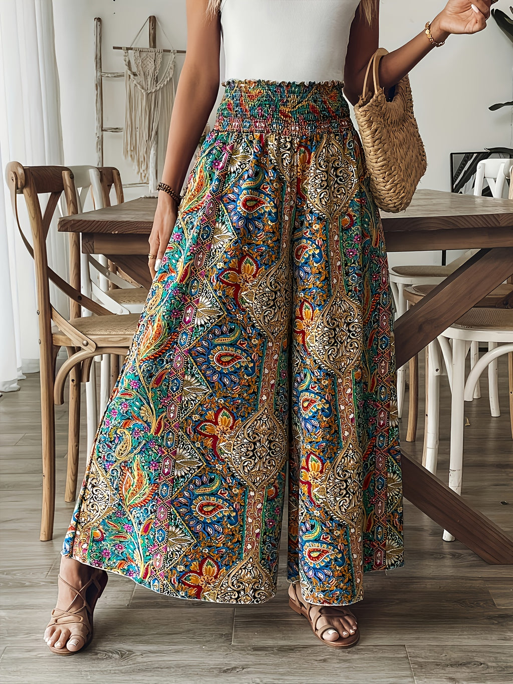Pantalones de pierna ancha estampados de estilo bohemio para mujer