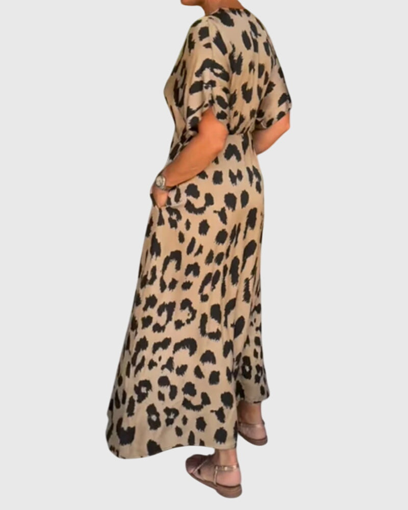 Vestido largo de mujer con estampado animal y escote en V
