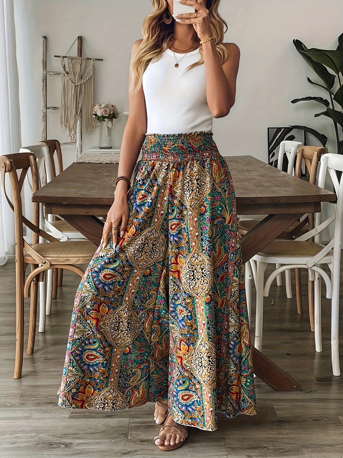Pantalones de pierna ancha estampados de estilo bohemio para mujer