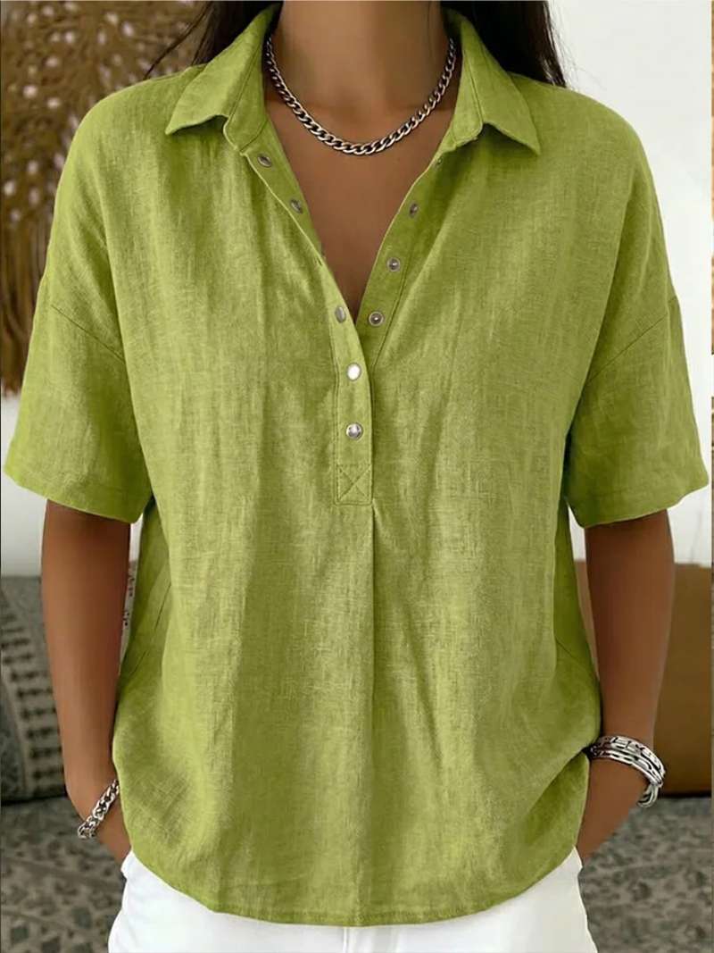 Women's Cotton Linen Blouse with Short Sleeves and Collared V-Neck