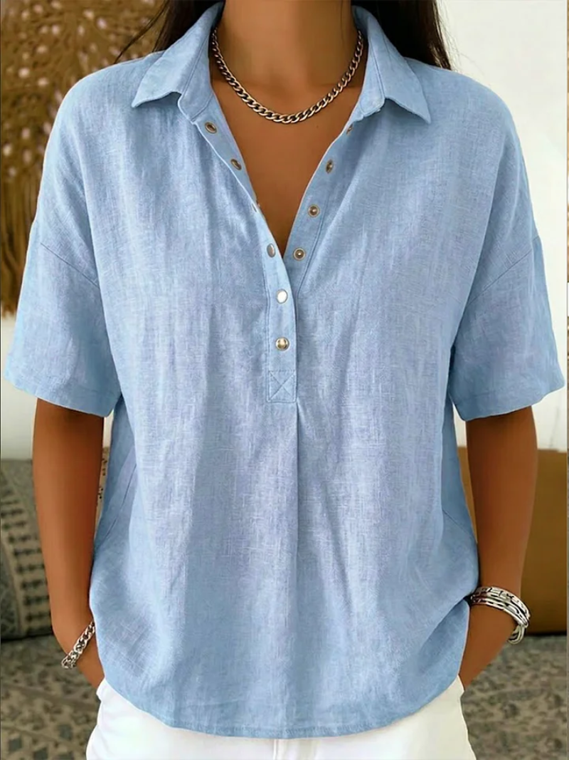 Women's Cotton Linen Blouse with Short Sleeves and Collared V-Neck