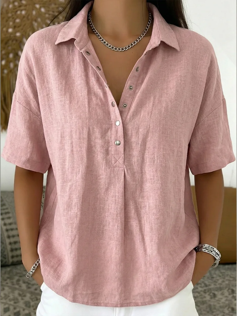Women's Cotton Linen Blouse with Short Sleeves and Collared V-Neck