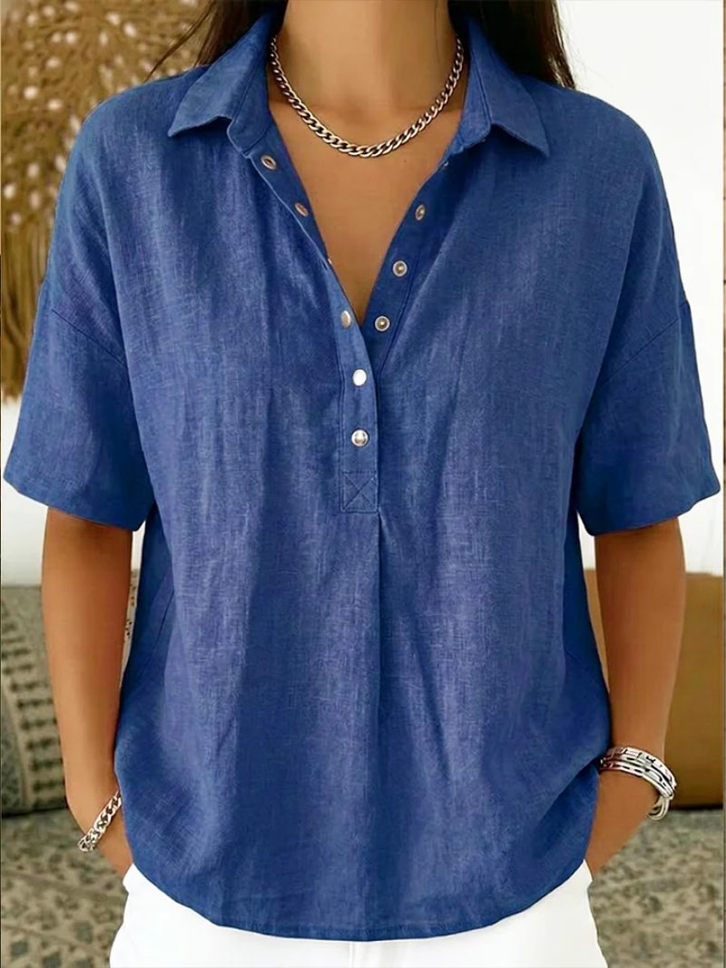 Women's Cotton Linen Blouse with Short Sleeves and Collared V-Neck