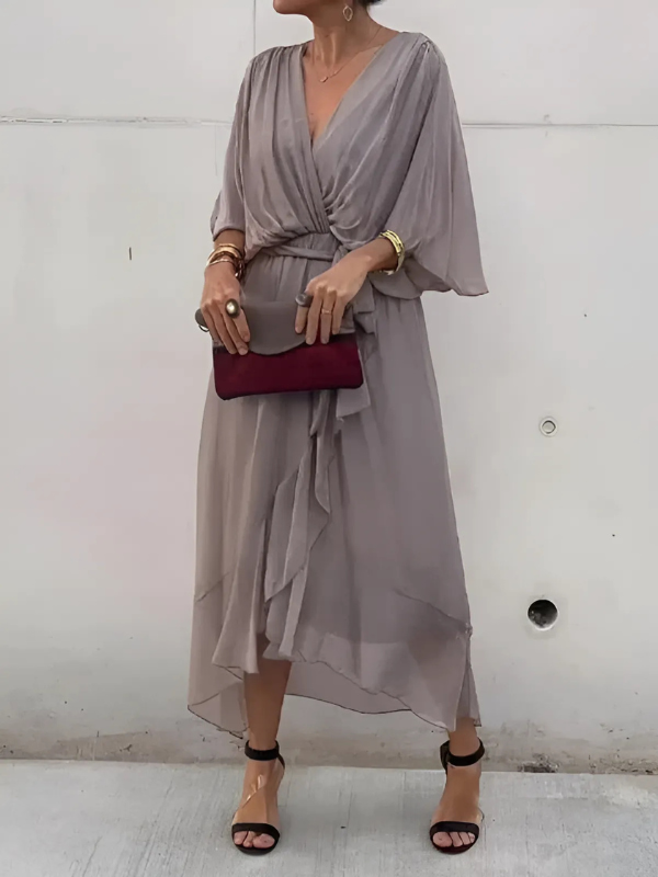 Women's Chiffon Wrap Midi Dress with Tie Waist