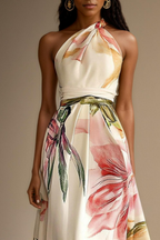 Maxikleid für Damen mit Blumenmuster, Neckholder und Taillenband-Detail