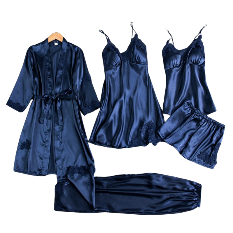 Women’s Satin Sleepwear Set with Elegant Lace Detail and Relaxed Fit