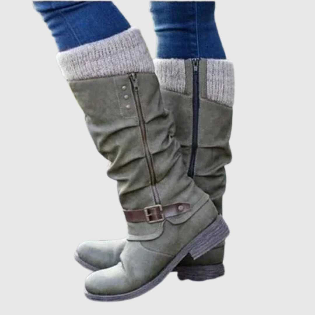 Women's Mid-Calf Boots with Knit Cuffs and Buckle Detail