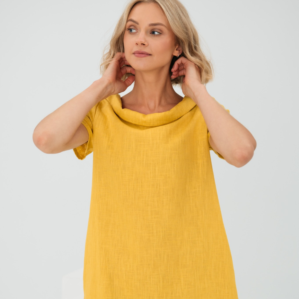 Leinen-Midikleid für Damen mit umgeschlagenem Kragen für den täglichen Sommergebrauch