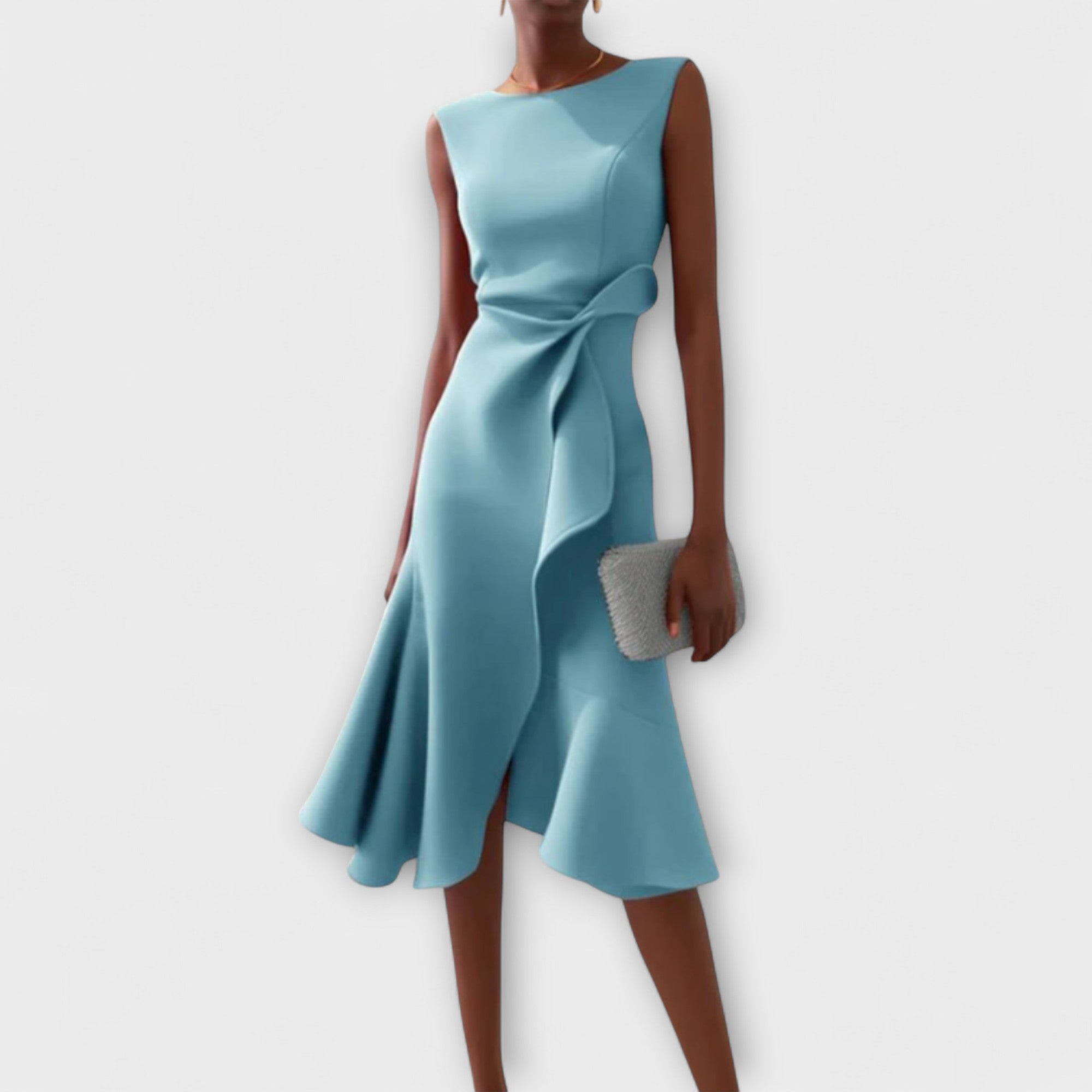 Robe midi moulante élégante sans manches pour femme avec taille à volants  