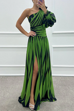 Women's One-Shoulder Striped Evening Gown with Dramatic Puff Sleeve