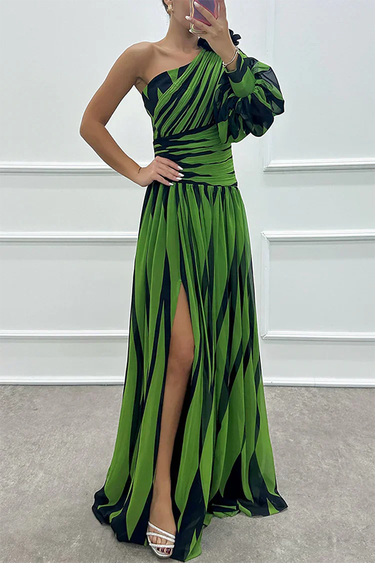 Women's One-Shoulder Striped Evening Gown with Dramatic Puff Sleeve