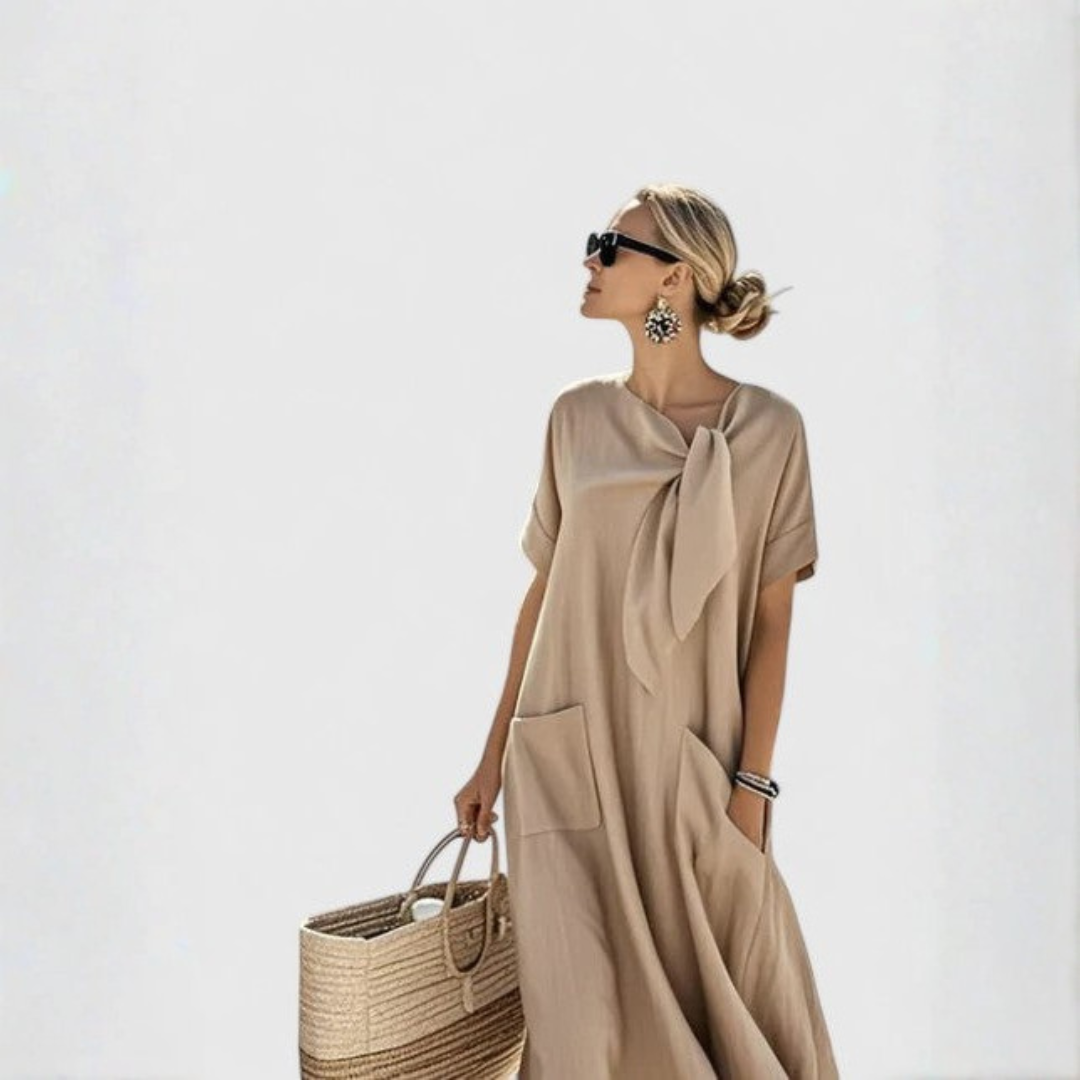 Women's Relaxed Midi Dress with Tie Neck and Pockets for Effortless Summer Style