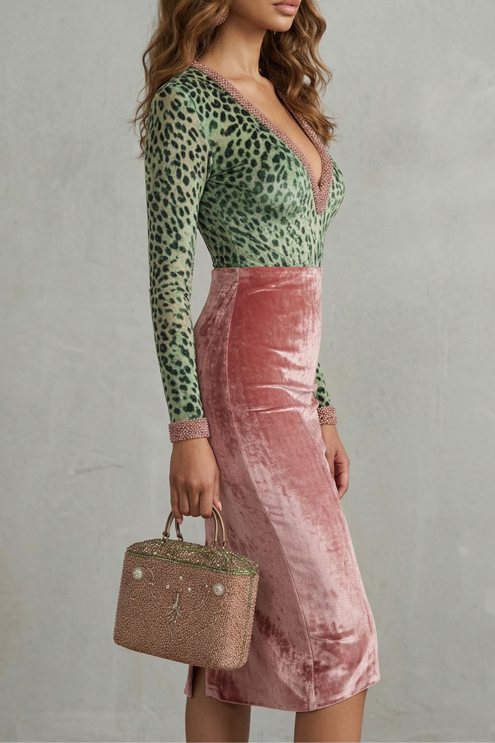 Damen Samt Kontrast Midi Kleid