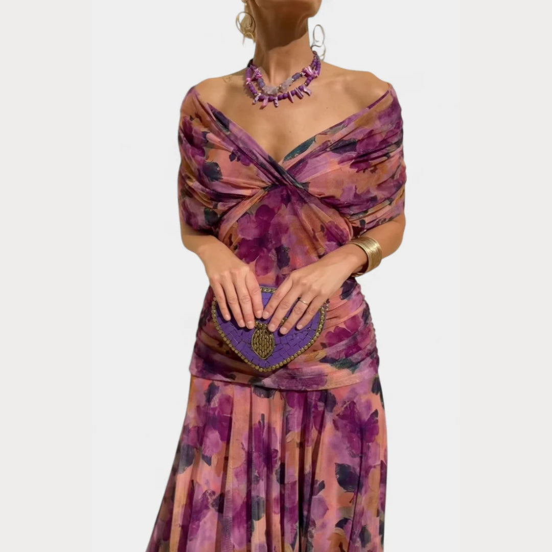 Women's Elegant Off-Shoulder Evening Dress with Draped Fit and Flowing Skirt
