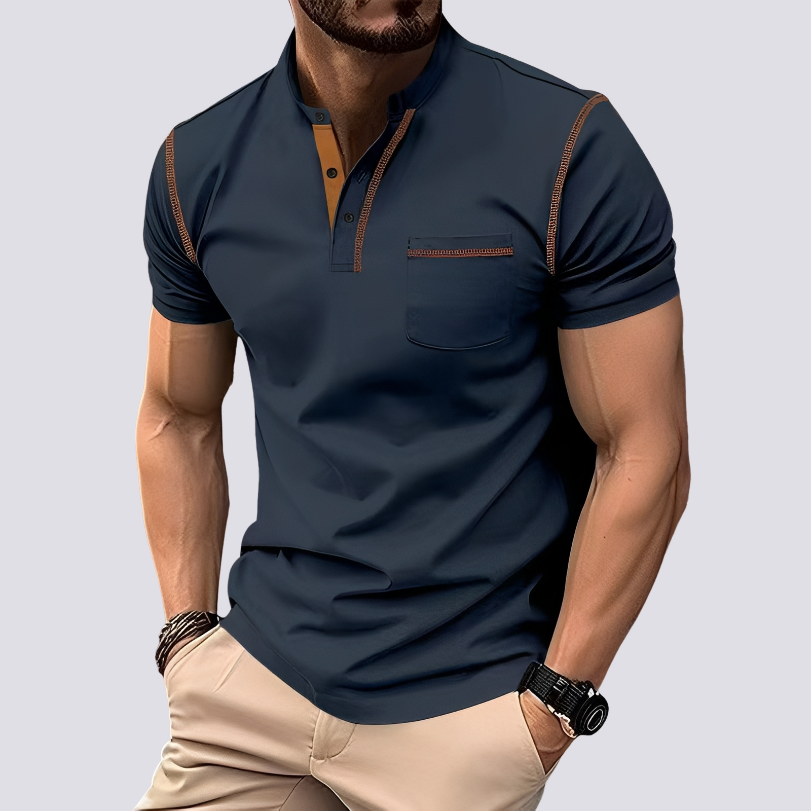 T-shirt Henley manches courtes pour homme avec bordure contrastée et poche poitrine