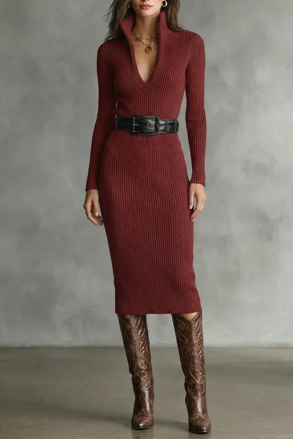 Robe midi côtelée pour femme en maille