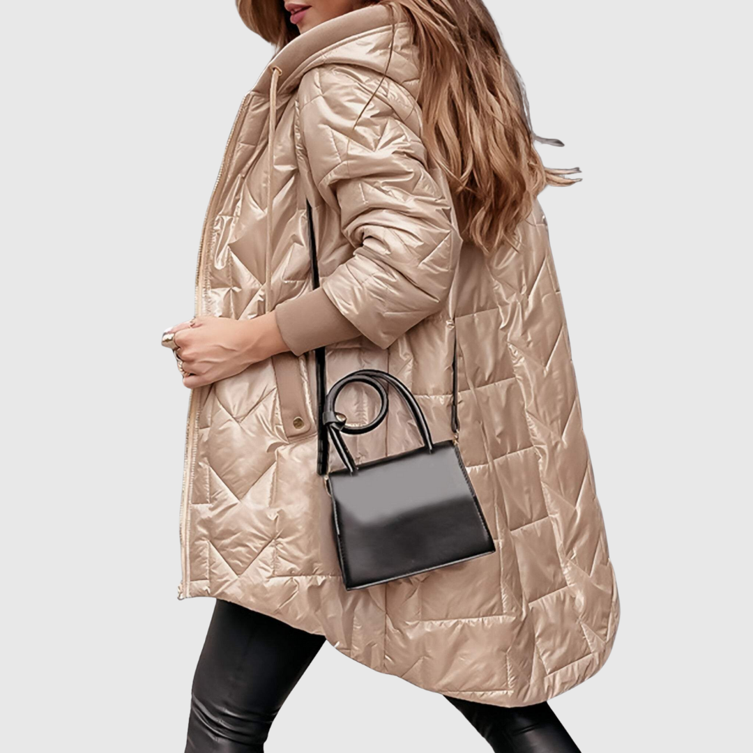 Damen-Steppjacke mit Kapuze, extra langem Schnitt und Daunenoptik