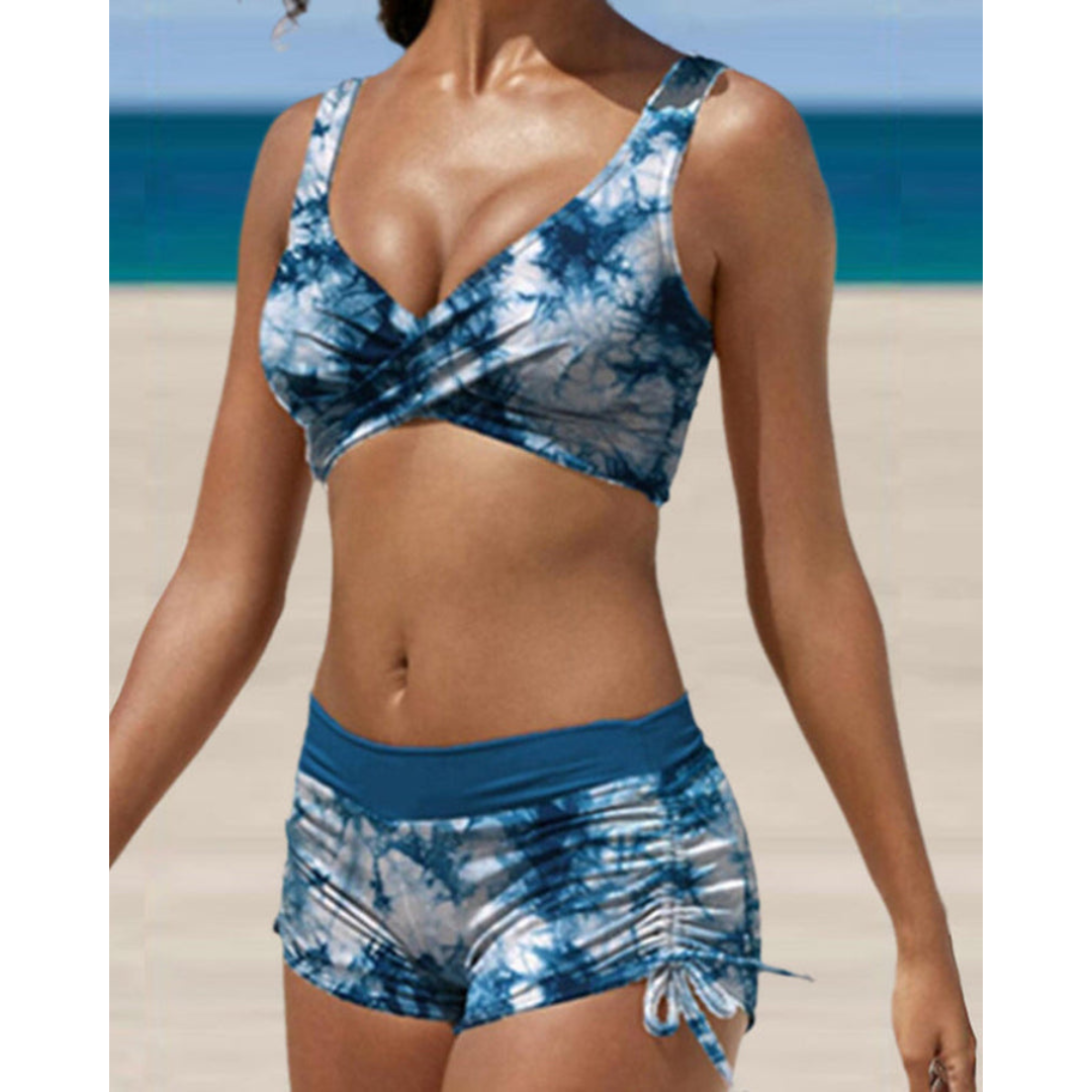 Damen Zweiteiliger Badeanzug mit Batik-Print und gerafften Shorts