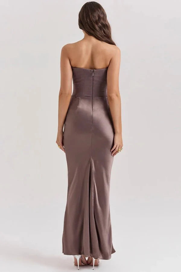 Women's Strapless Maxi Dress with Corset Bodice and Ruched Waist Silhouette
