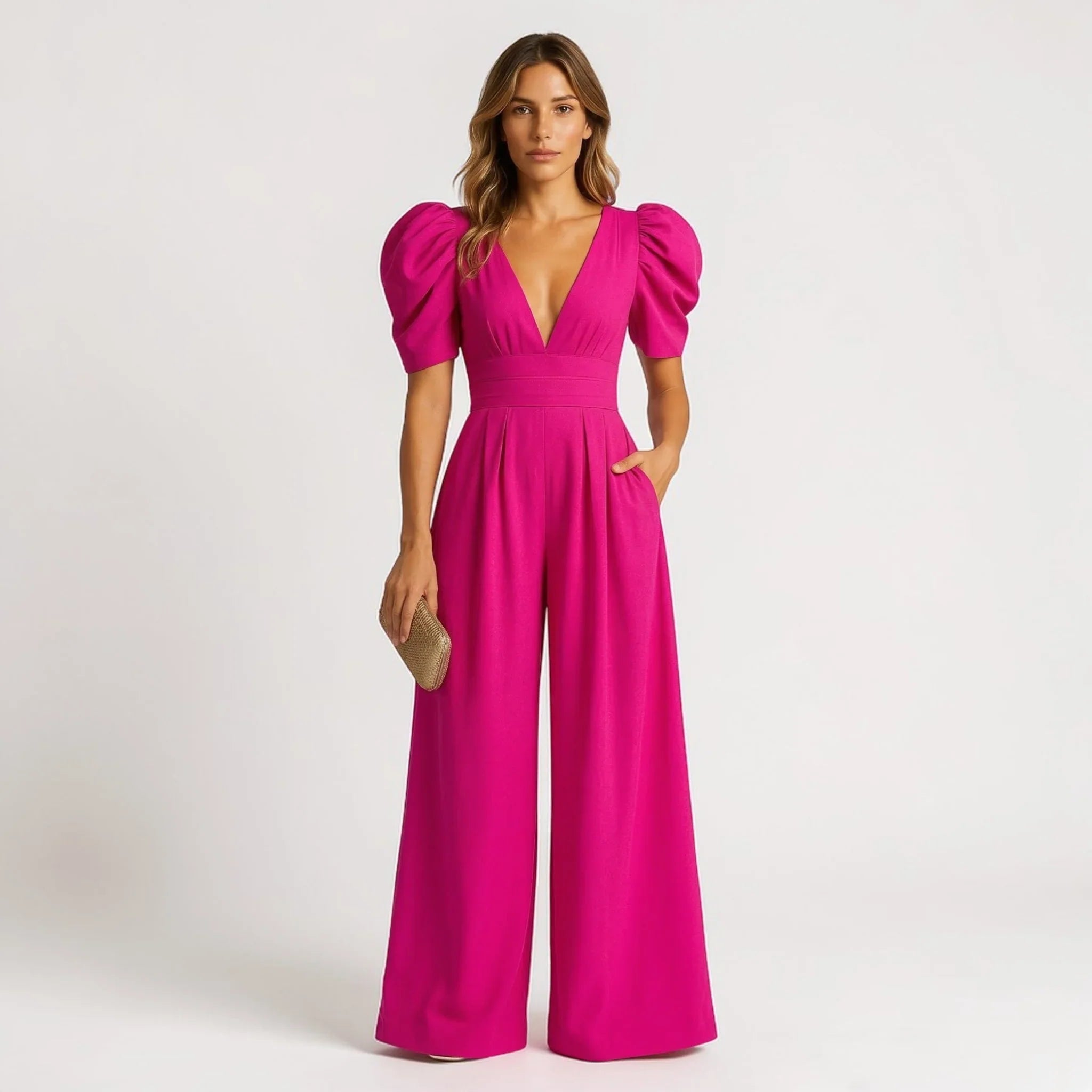 Women's Elegant Puff Sleeve Wide Leg Jumpsuit with Deep V-Neck, Defined Waist and Side Pockets