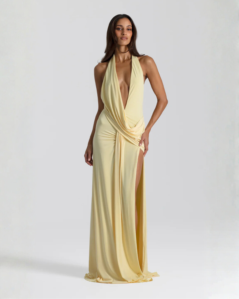 Women's Halter Maxi Dress with Open Back and Draped Side Slit
