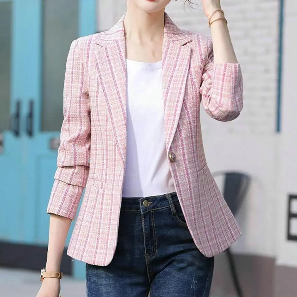 Women's Tailored Plaid Open-Front Business Blazer Jacket