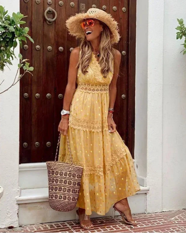 Women's Bohemian Maxi Dress with Lace Panels and Flowing A-Line Fit