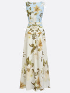 Maxikleid für Damen mit Blumenmuster, ärmellos, Bootsausschnitt und plissiertem Taillenbereich