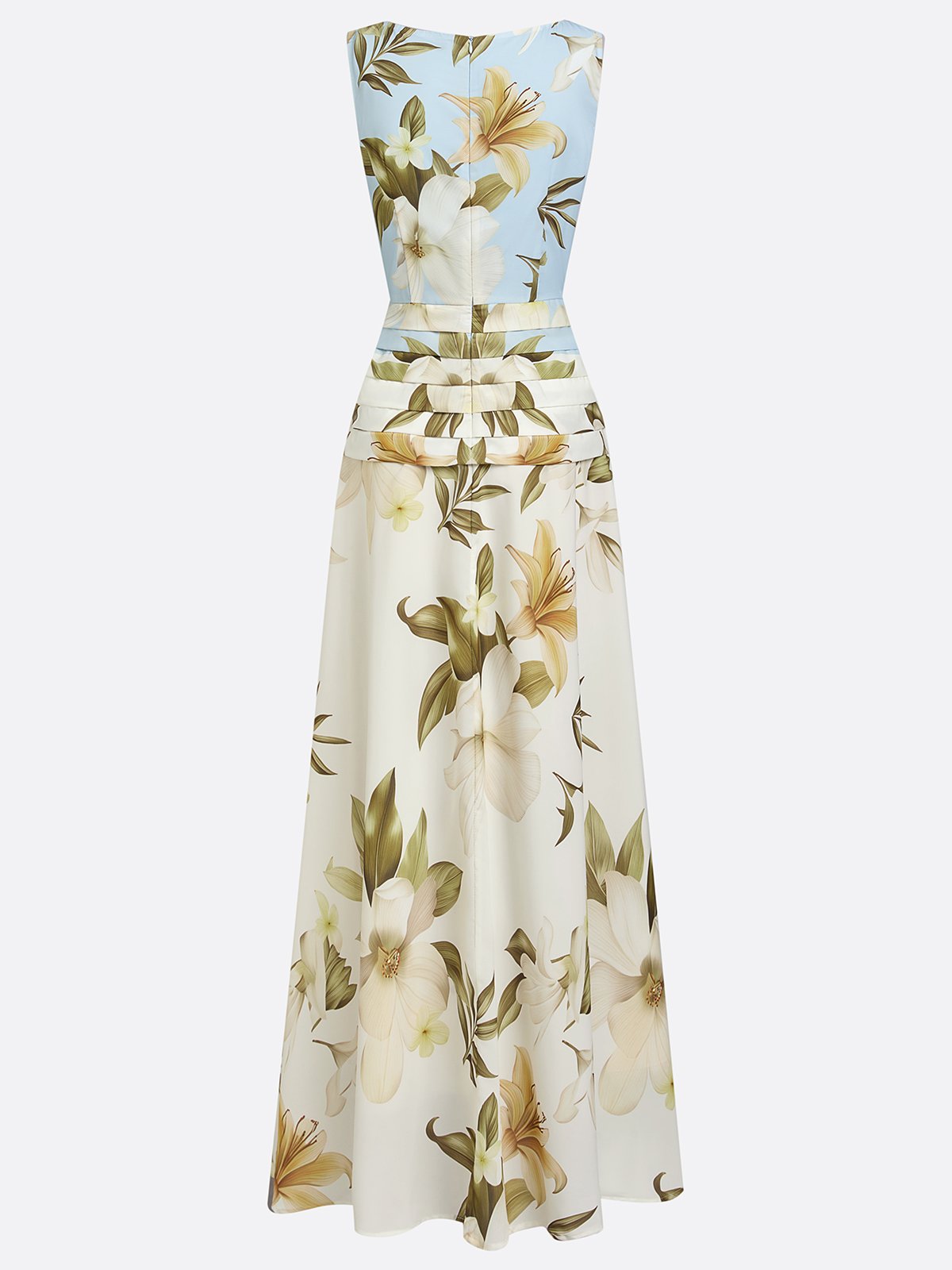 Maxikleid für Damen mit Blumenmuster, ärmellos, Bootsausschnitt und plissiertem Taillenbereich