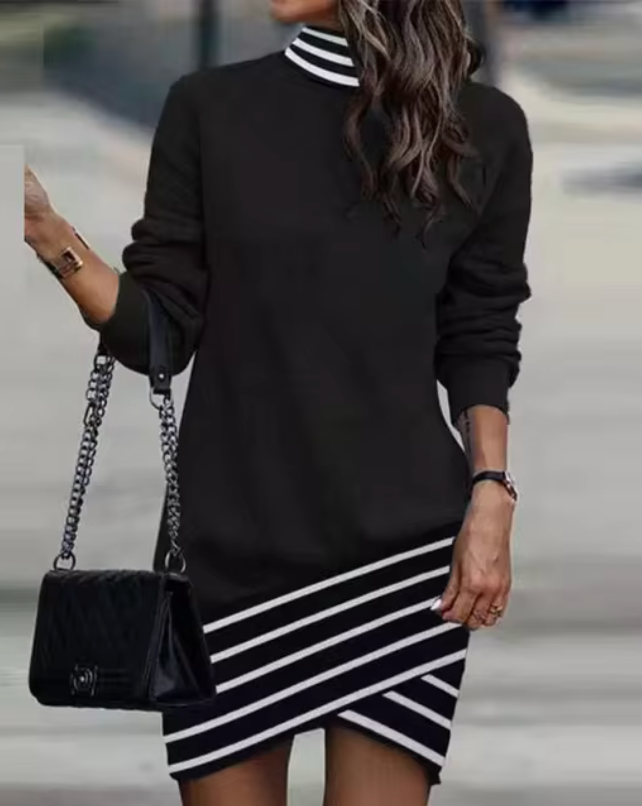 Women's Casual Long Sleeve Dress with Asymmetrical Hem and Ribbed Collar Detail
