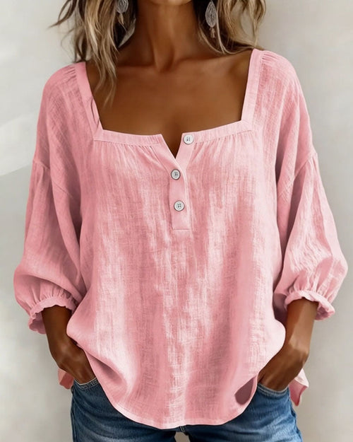 Blusa da donna in cotone e lino con scollo quadrato e maniche a tre quarti