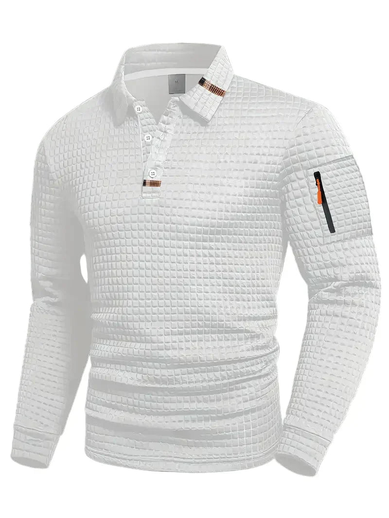 Polo à manches longues texturé pour homme avec fermeture à boutons quart de zip