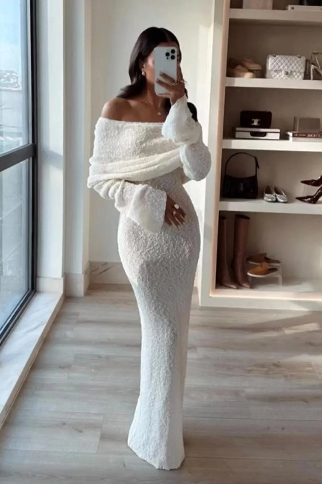 Elegantes Off-Shoulder Strick-Maxikleid für Damen Weich Figurbetont Abendstil