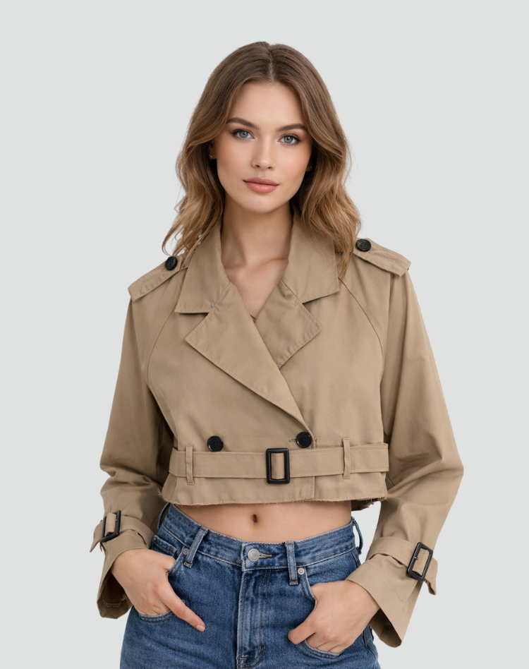 Women's Cropped Trench Jacket with Belted Waist and Tailored Fit