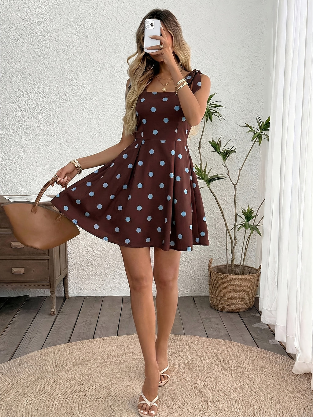 Women's Polka Dot Tie-Shoulder Fit & Flare Mini Dress