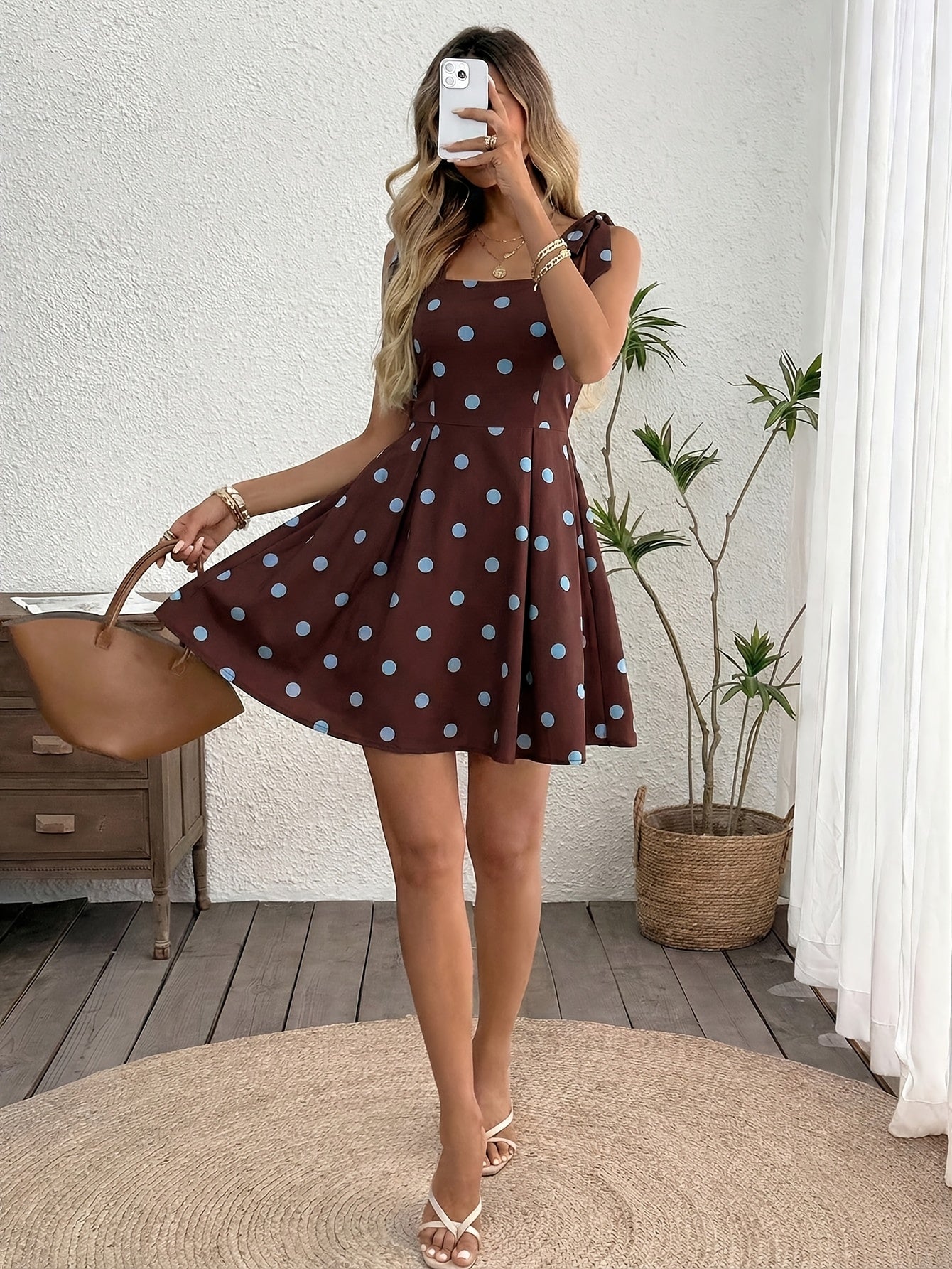 Women's Polka Dot Tie-Shoulder Fit & Flare Mini Dress