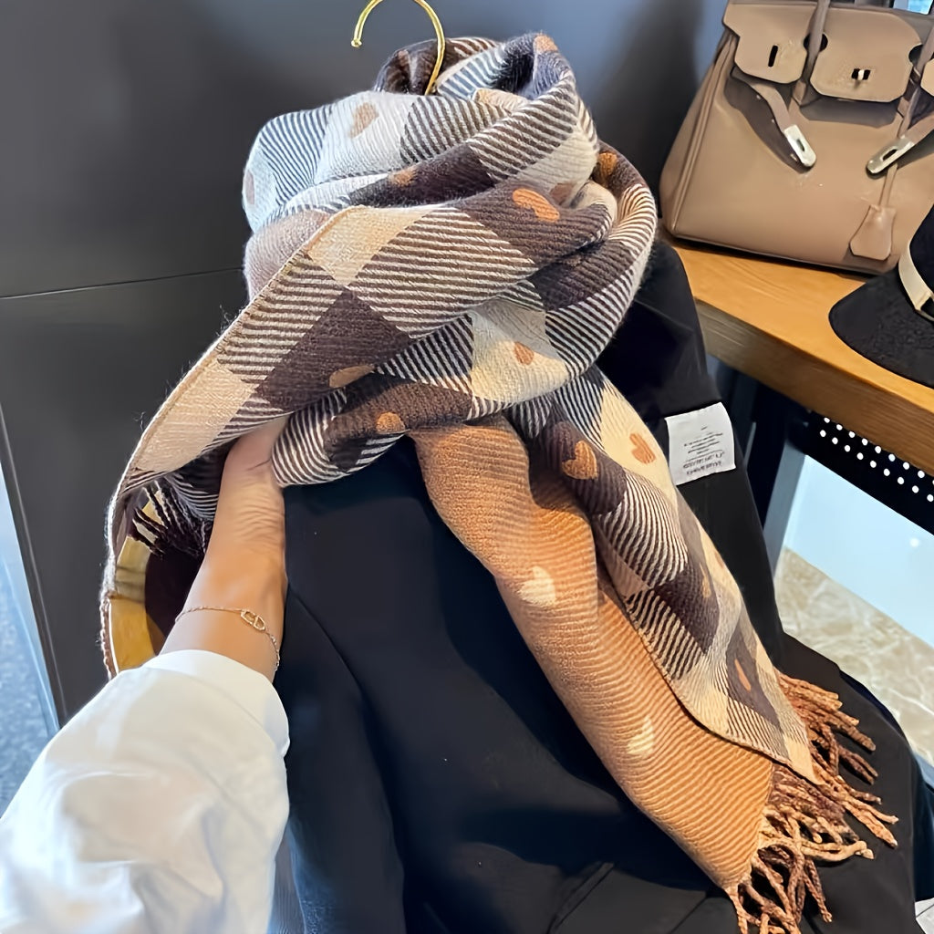 Women’s Heart Plaid Fringed Winter Scarf