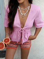 Women's Striped Tie-Front Peplum Blouse