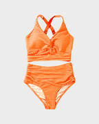 Damen-Rippen-Bikini-Set mit gedrehtem Oberteil und hochgeschnittenem Slip