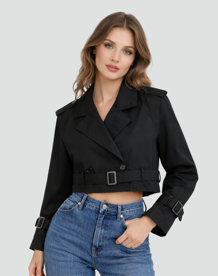 Women's Cropped Trench Jacket with Belted Waist and Tailored Fit
