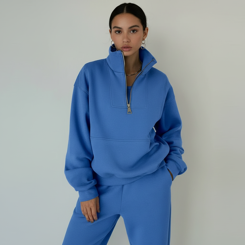 Sweat-shirt pour femme à col montant et fermeture zippée un quart
