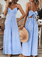 Women's Striped Wide-Leg Jumpsuit with Bow Back and V-Neck
