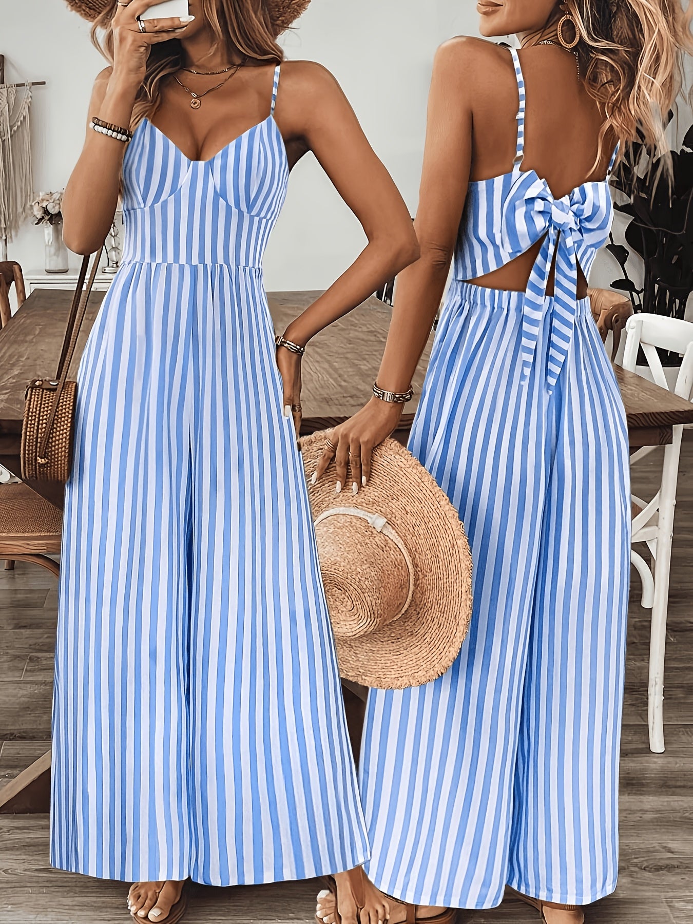 Women's Striped Wide-Leg Jumpsuit with Bow Back and V-Neck
