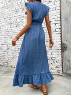 Women's Ruffle Sleeve V-Neck Smocked Waist Maxi Dress