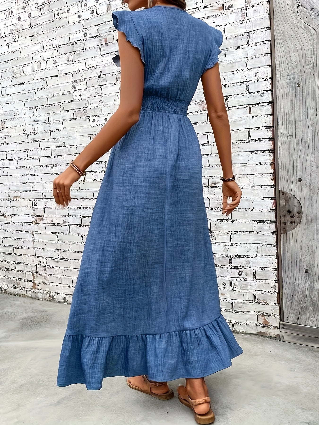 Women's Ruffle Sleeve V-Neck Smocked Waist Maxi Dress